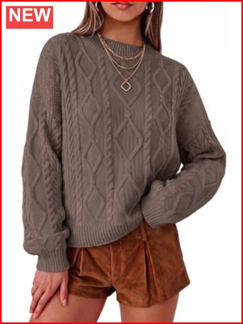 Oversized Cropped Cable Knit Sweater Crew Neck Long Sleeve Pullover